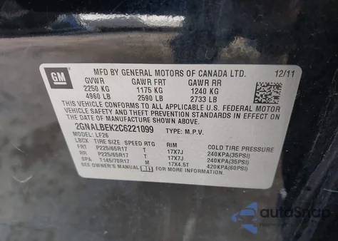 2012 Chevrolet Equinox Ls from USA, damaged, VIN 2GNALBEK2C6221099